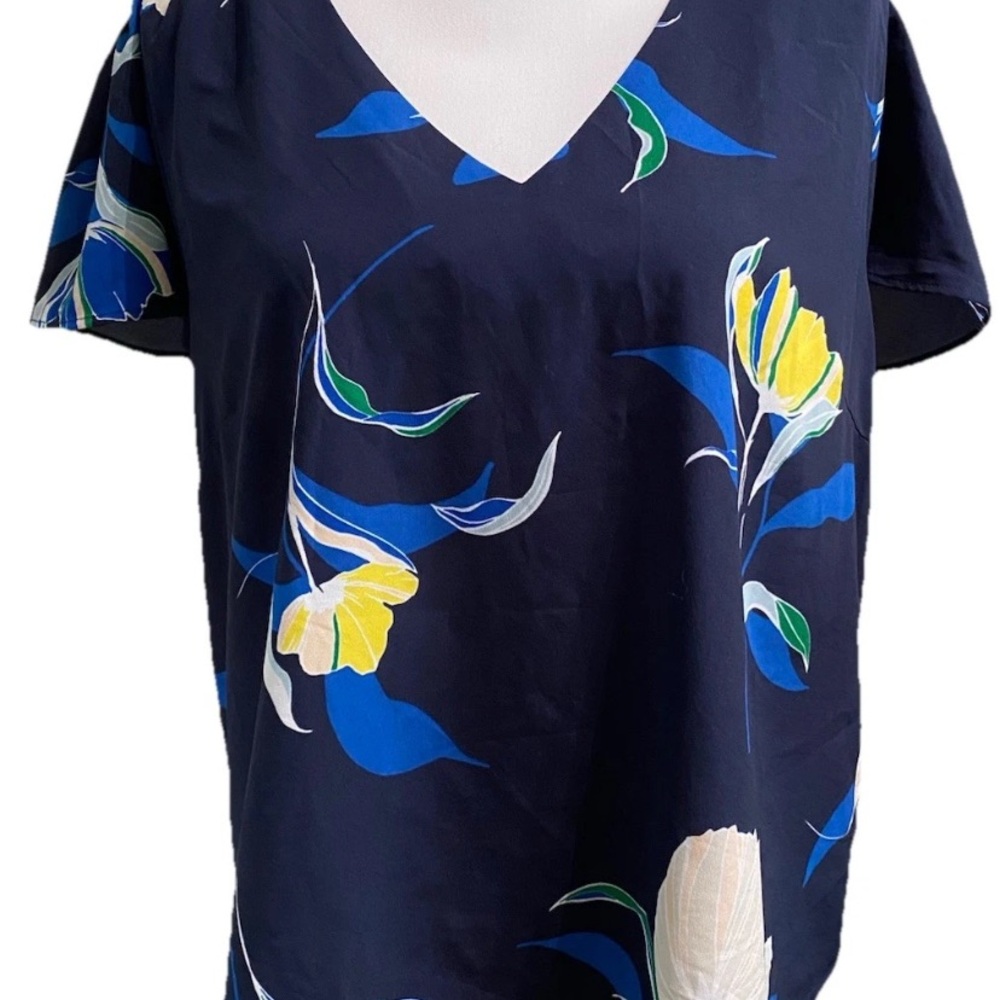 A New Day Navy Floral V-Neck Short Sleeve Top with Yellow & Blue Accents